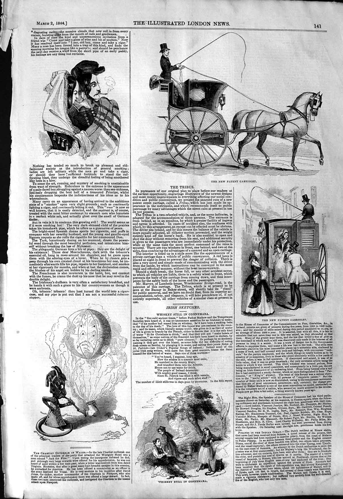 Original Old Antique Print 1844 Cabriolet Coach Horse Whiskey Still Co Victorian