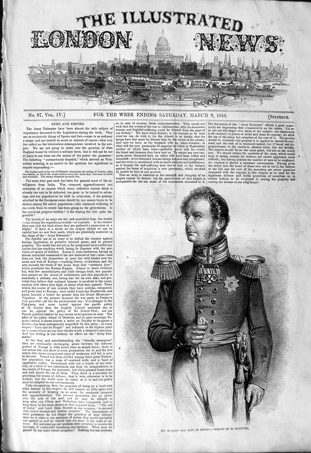 Original Old Antique Print 1844 Portrait His Majesty King Prussia Royalty 19th
