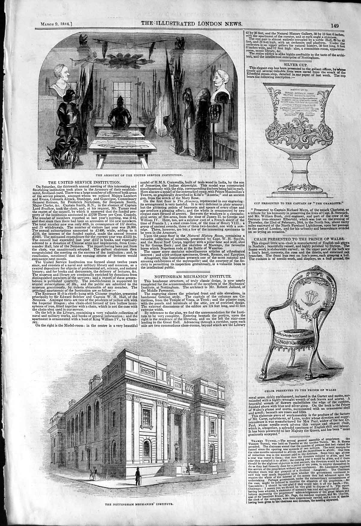 Old Antique Print 1844 Nottingham Mechanics Institute Armoury Chair Cup 19th