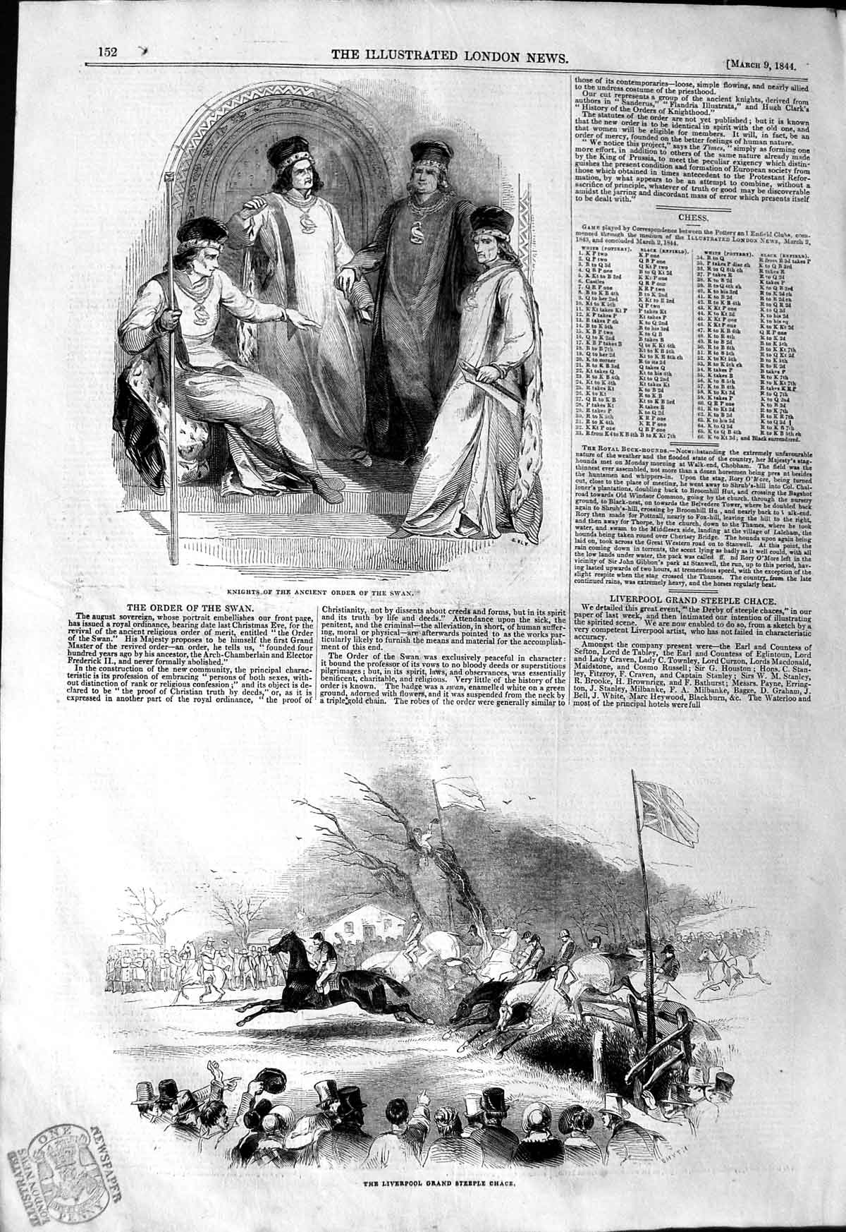 Old Antique Print 1844 Knights Order Swan Liverpool Horses Steeple-Chase 19th
