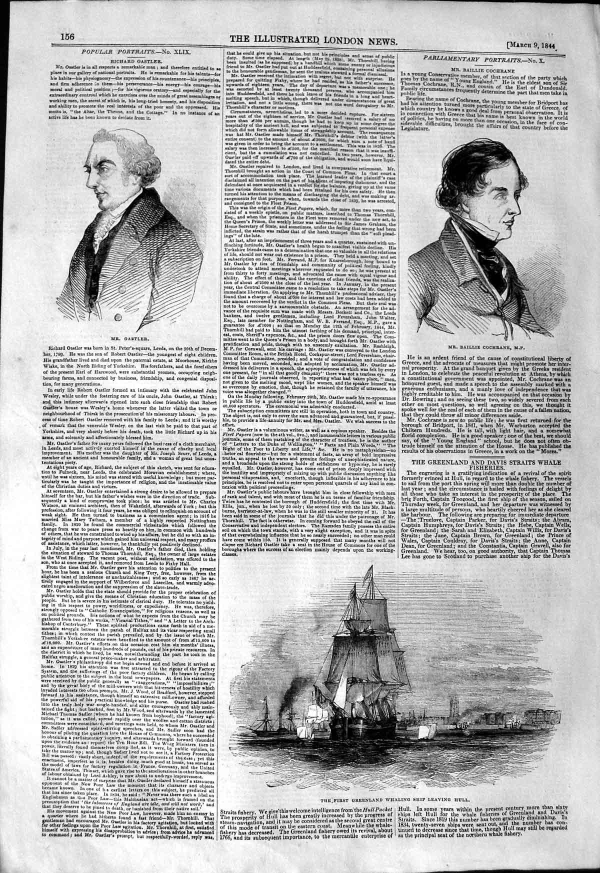 Original Old Antique Print 1844 Greenland Whaling Ship Hull Cochrane Oastler