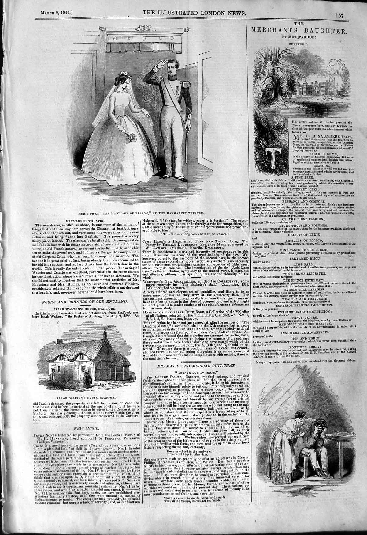 Original Old Antique Print 1844 Marriage Reason Haymarket Theatre Izaak Walton