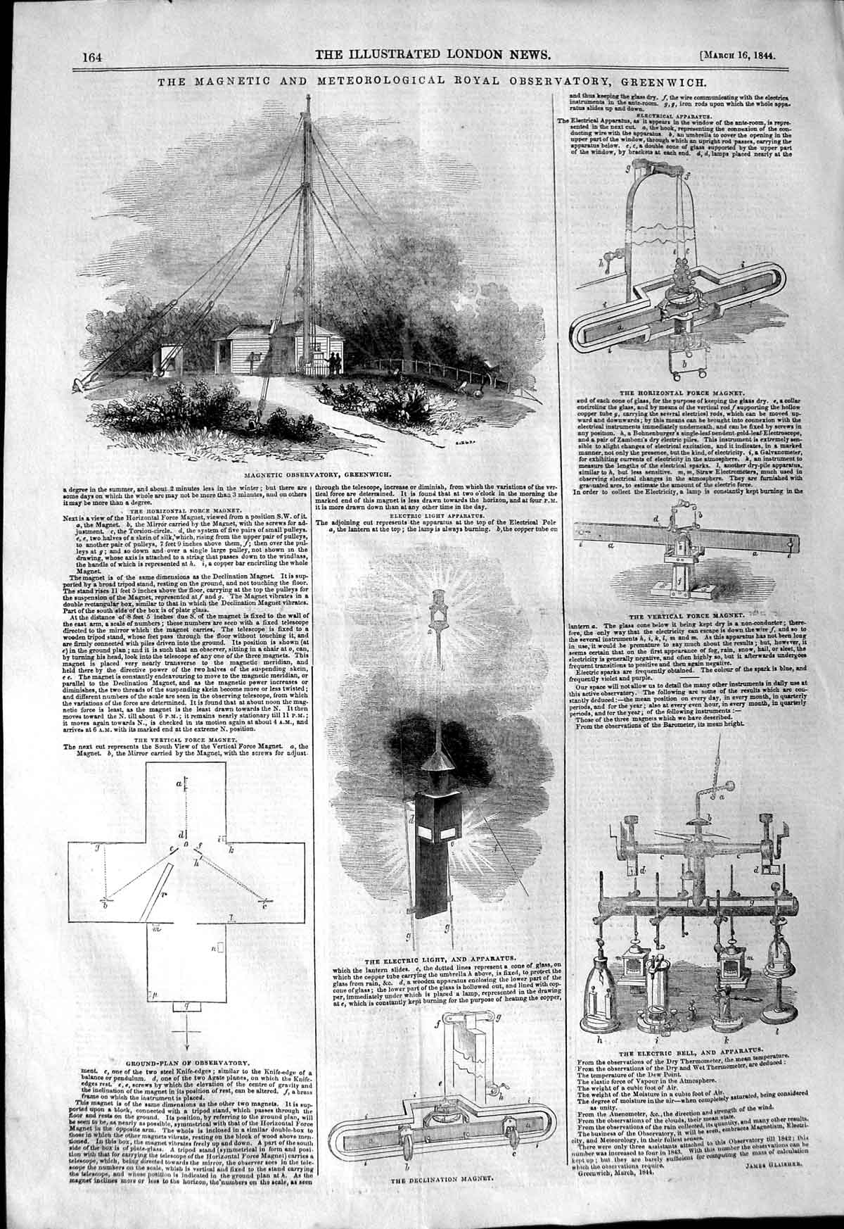 Original Old Antique Print 1844 Magnetic Observatory Greenwich Electric Ap 19th