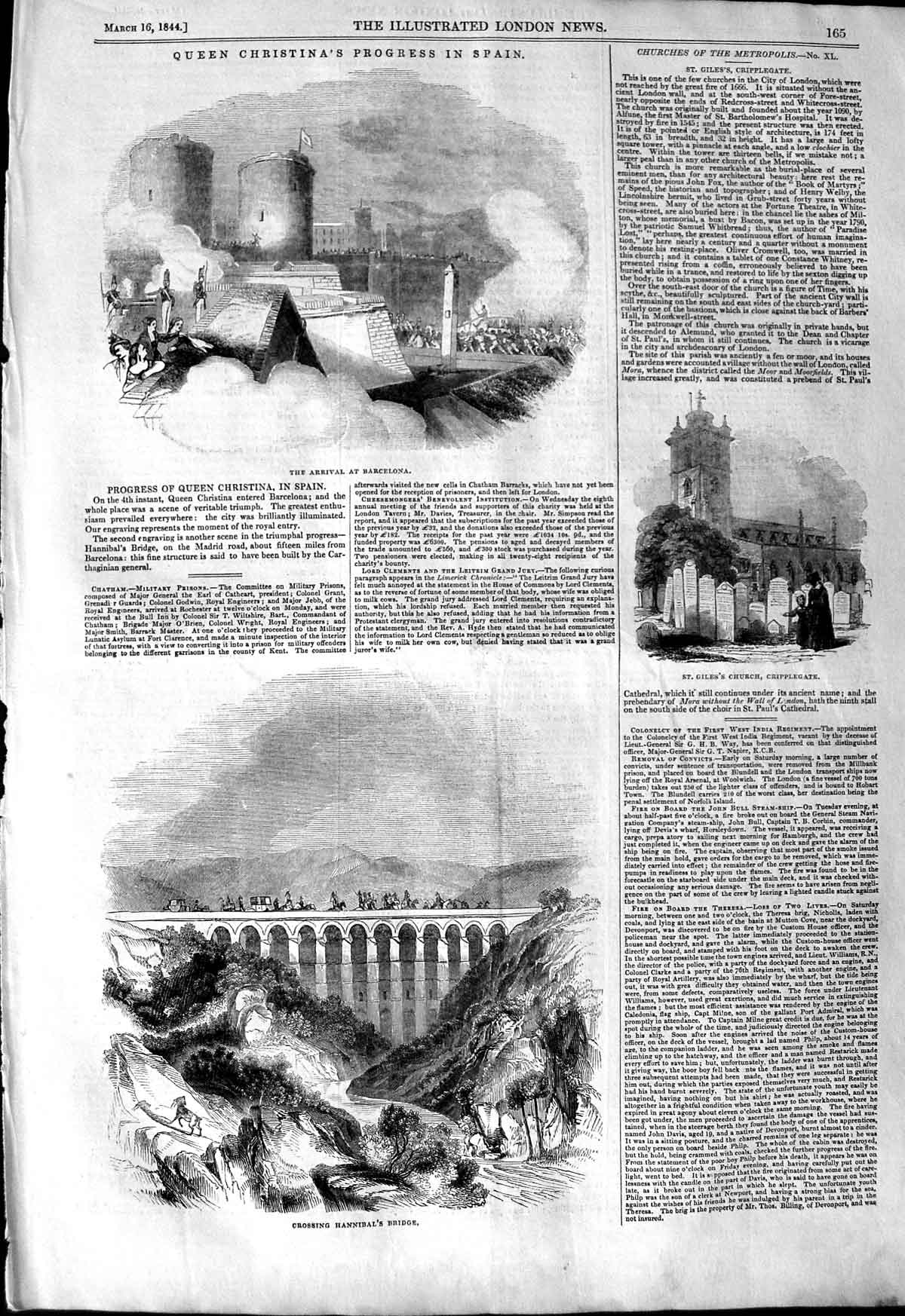 Original Old Antique Print 1844 Queen Christina Barcelona Spain Hannibal Bridge