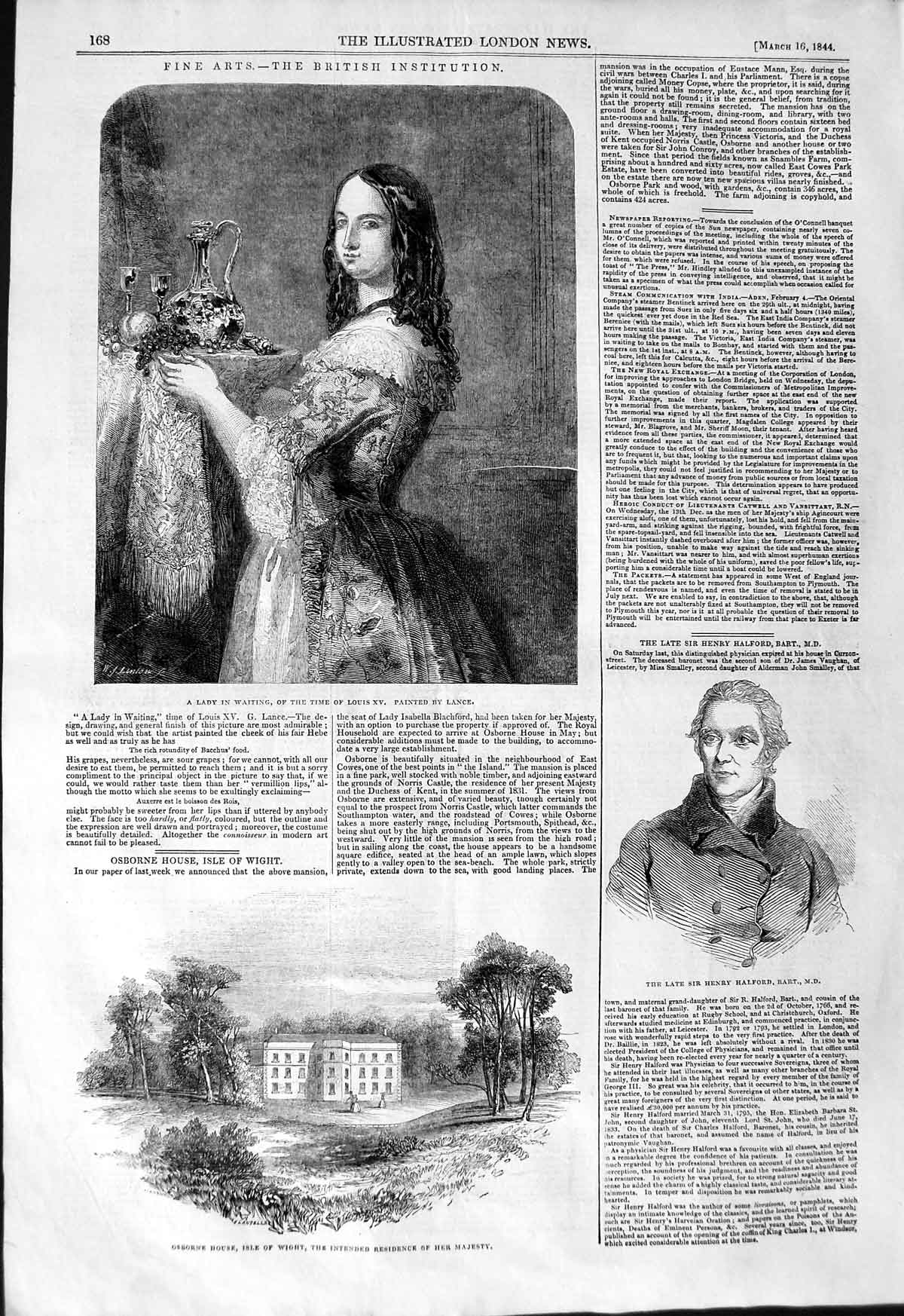 Old Antique Print 1844 Osborne House Isle Wight Henry Halford Lady Louis 19th