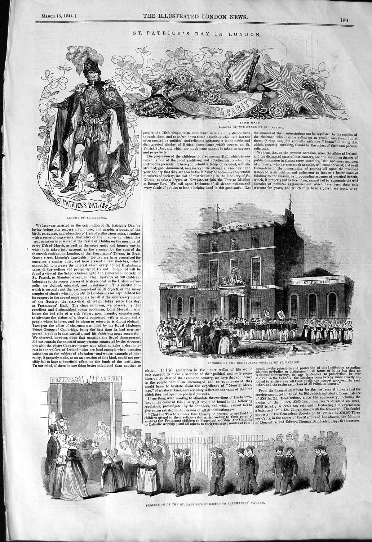 Old Antique Print 1844 St. Patrick Irish Harp Children Freemason Tavern 19th