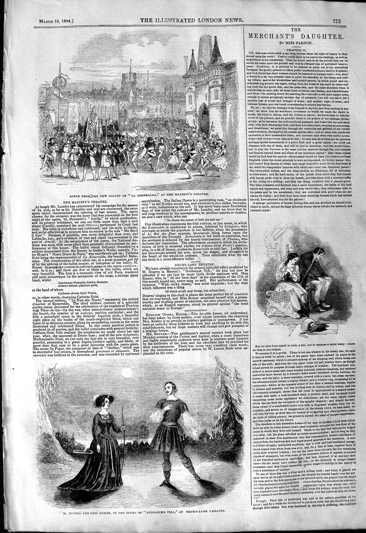 Original Old Antique Print 1844 Duprez Romer Drury Theatre Esmeralda Victorian