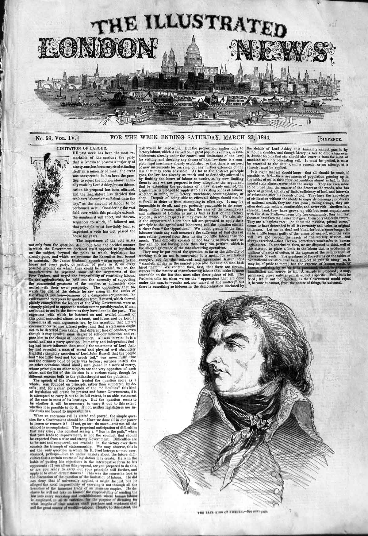Original Old Antique Print 1844 Portrait King Sweden Royalty 19th