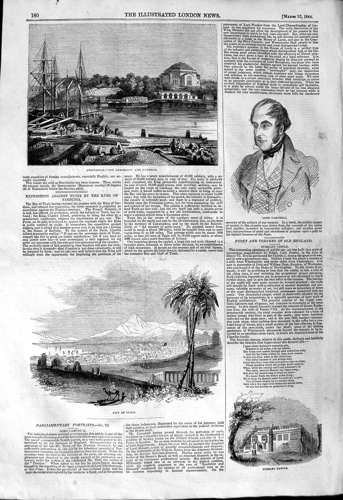 Original Old Antique Print 1844 Stockholm Lord Campbell Tunis Sudeley Castle