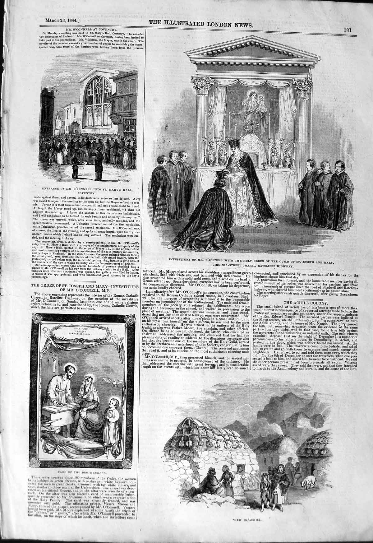 Original Old Antique Print 1844 Achill O'Connell Investiture Ratcliffe C 19th