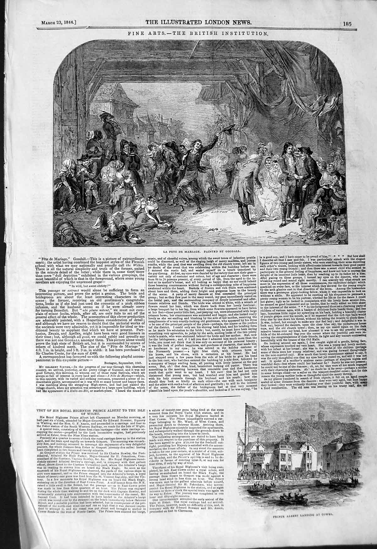 Old Antique Print 1844 Prince Albert Boat Cowes Fete Mariage Goodall Art 19th