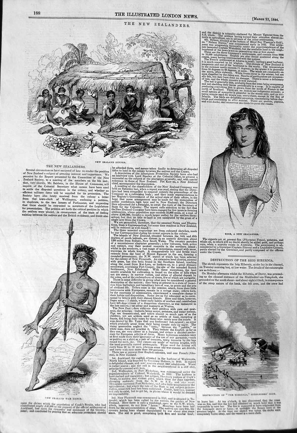 Original Old Antique Print 1844 New Zealand Rose War Dance Dinner Hibern 19th