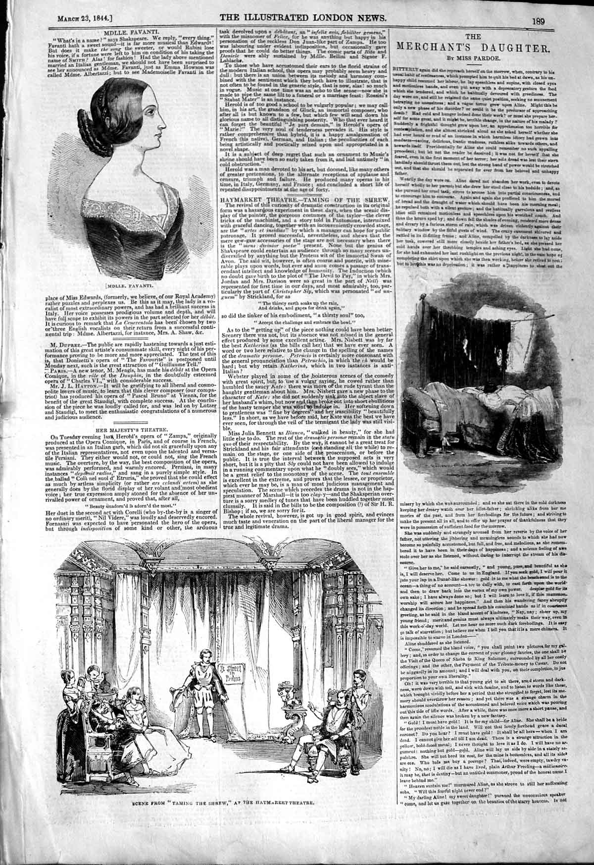 Old Antique Print 1844 Taming The Shrew Haymarket Theatre Mdlle. Favanti 19th