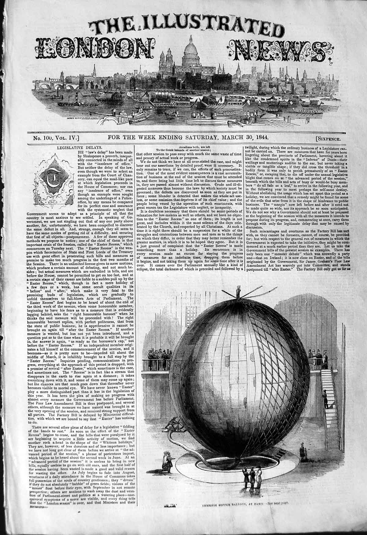Original Old Antique Print 1844 Immense Copper Balloon Paris France Victorian