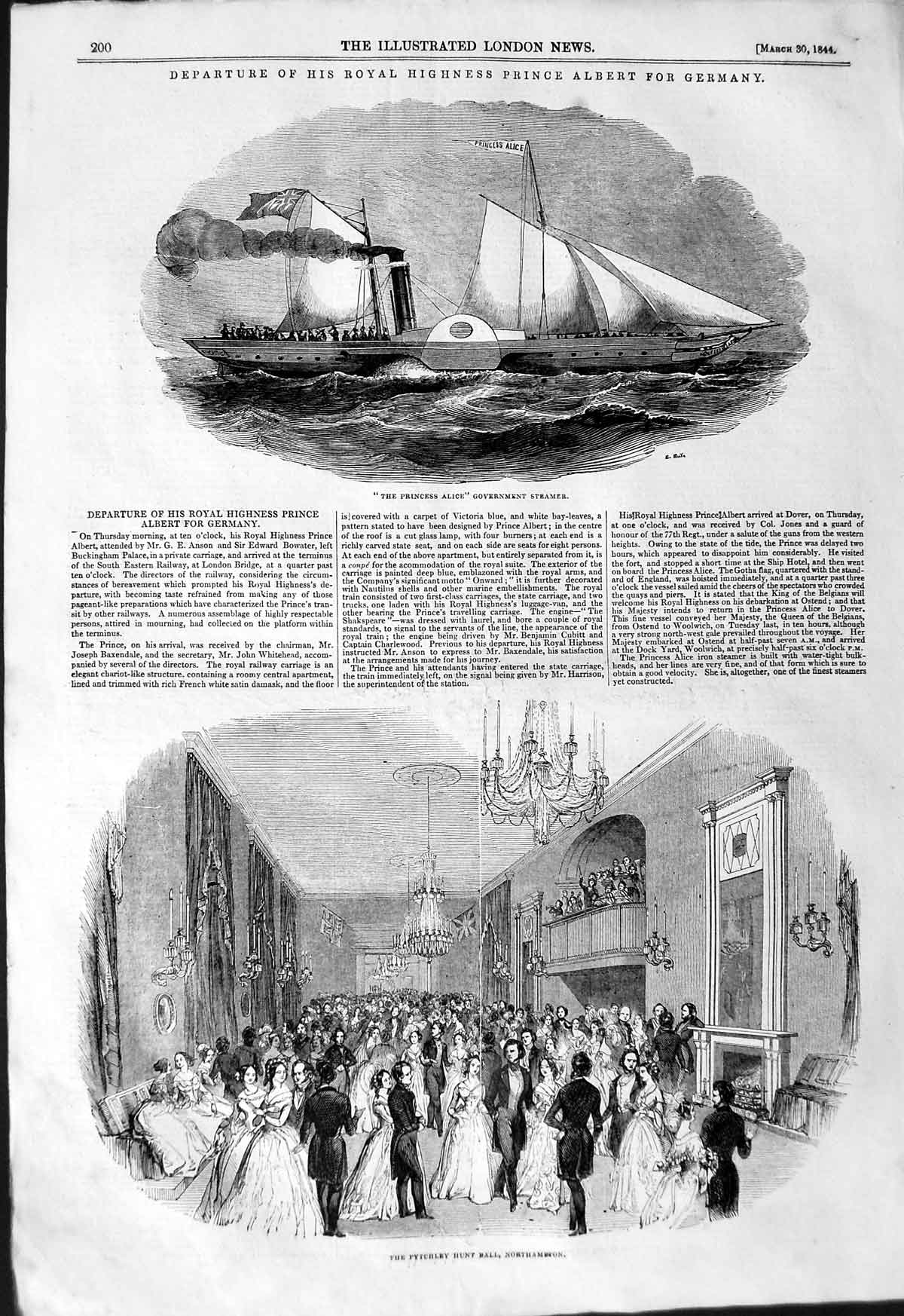 Old Antique Print 1844 Princess Alice Boat Pytchley Hunt Ball Northampton 19th