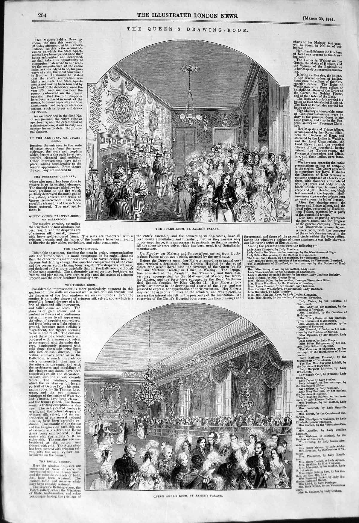 Original Old Antique Print 1844 Guard Room St. James'S Palace Queen Anne 19th