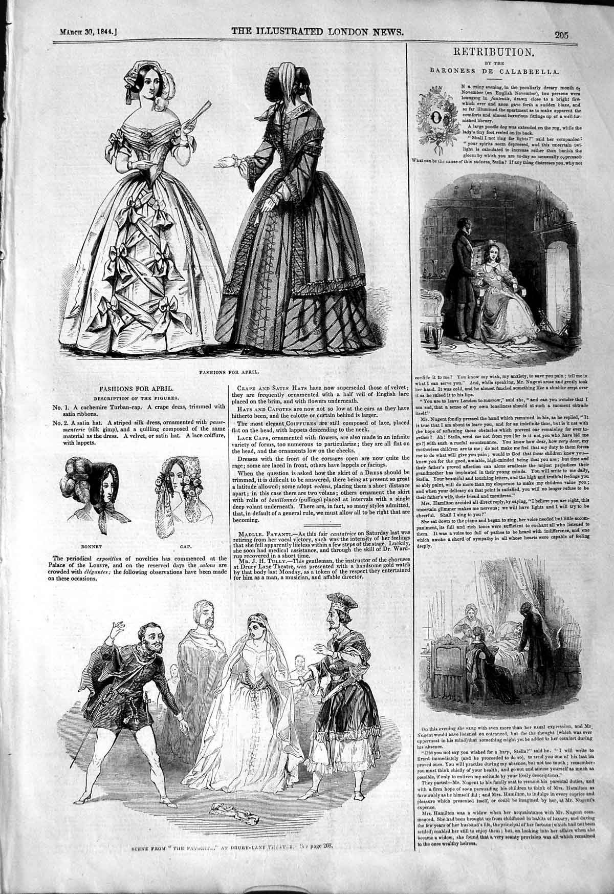 Original Old Antique Print 1844 Womens Fashion Hats Bonnet Cap Drury Theatre