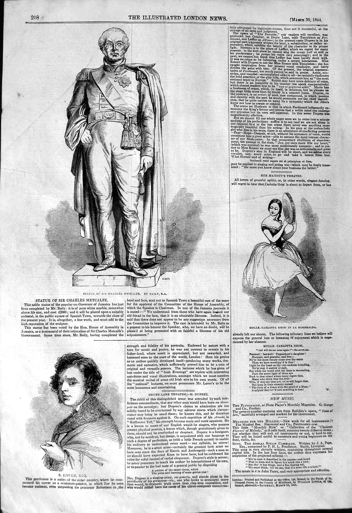 Old Antique Print 1844 Statue Charles Metcalfe Carlotta Esmeralda Lover 19th