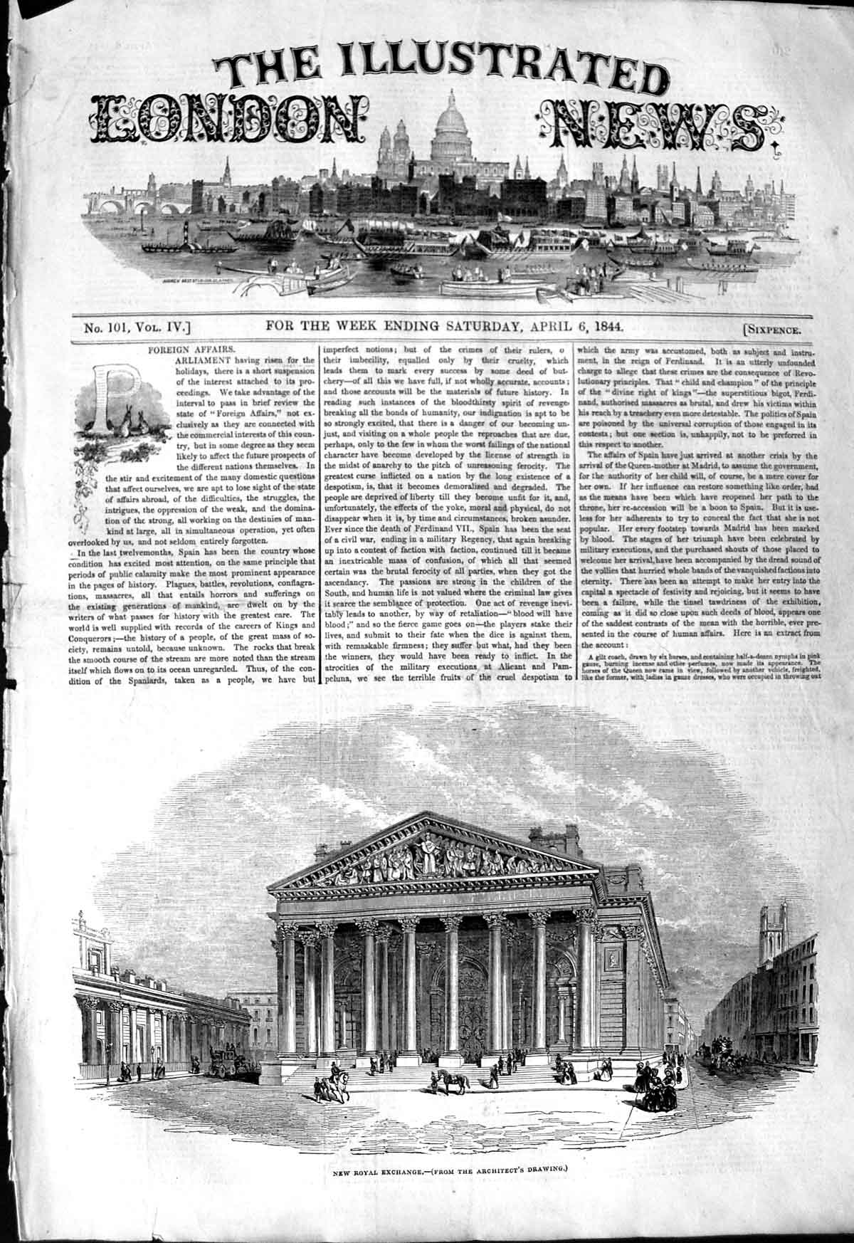 Original Old Antique Print 1844 Architecture New Royal Exchange Building 19th