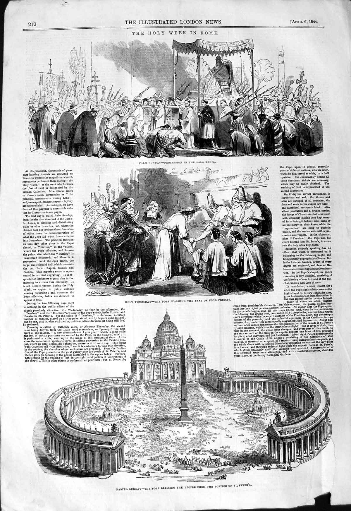 Old Antique Print 1844 Holy Week Rome Pope Portico St. Peter'S Sala Regia 19th
