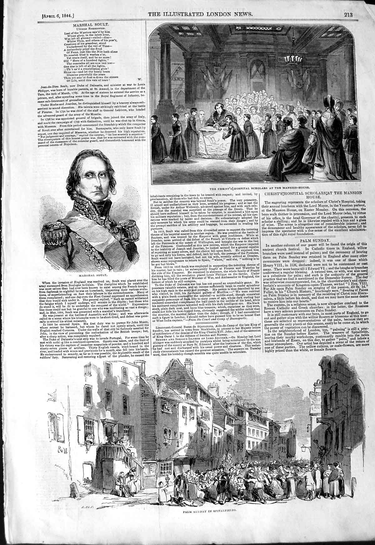 Original Old Antique Print 1844 Palm Sunday Spitalfields Marshal Soult Mansion