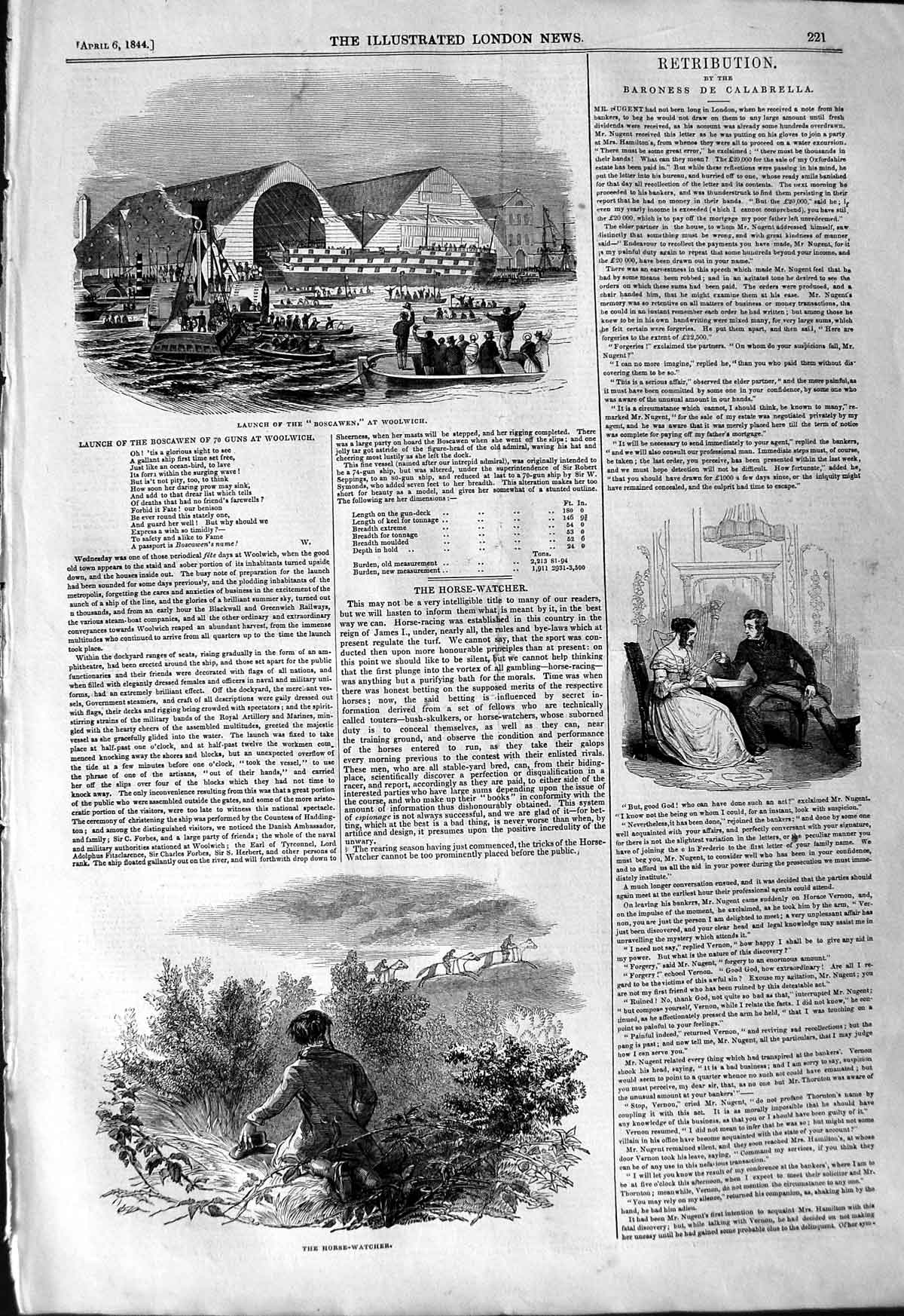 Original Old Antique Print 1844 Boscawen Ship Woolwich Horse-Watcher Romance