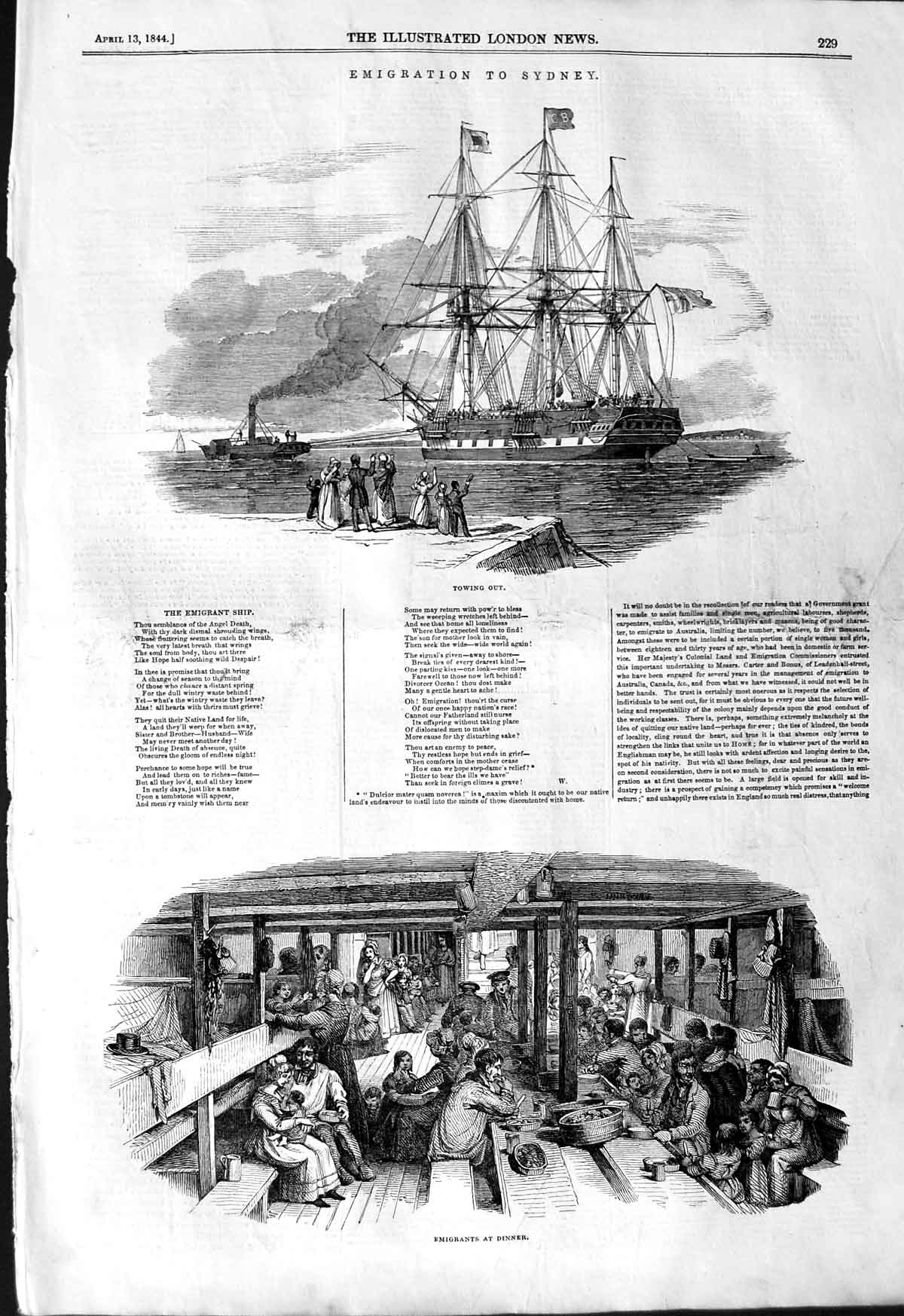 Original Old Antique Print 1844 Emigration Sydney Emigrant Ship Passengers 19th