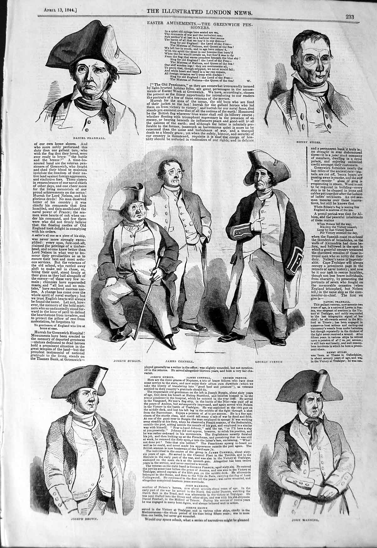 Original Old Antique Print 1844 James Connell Fearhall Stiles Greenwich Manning