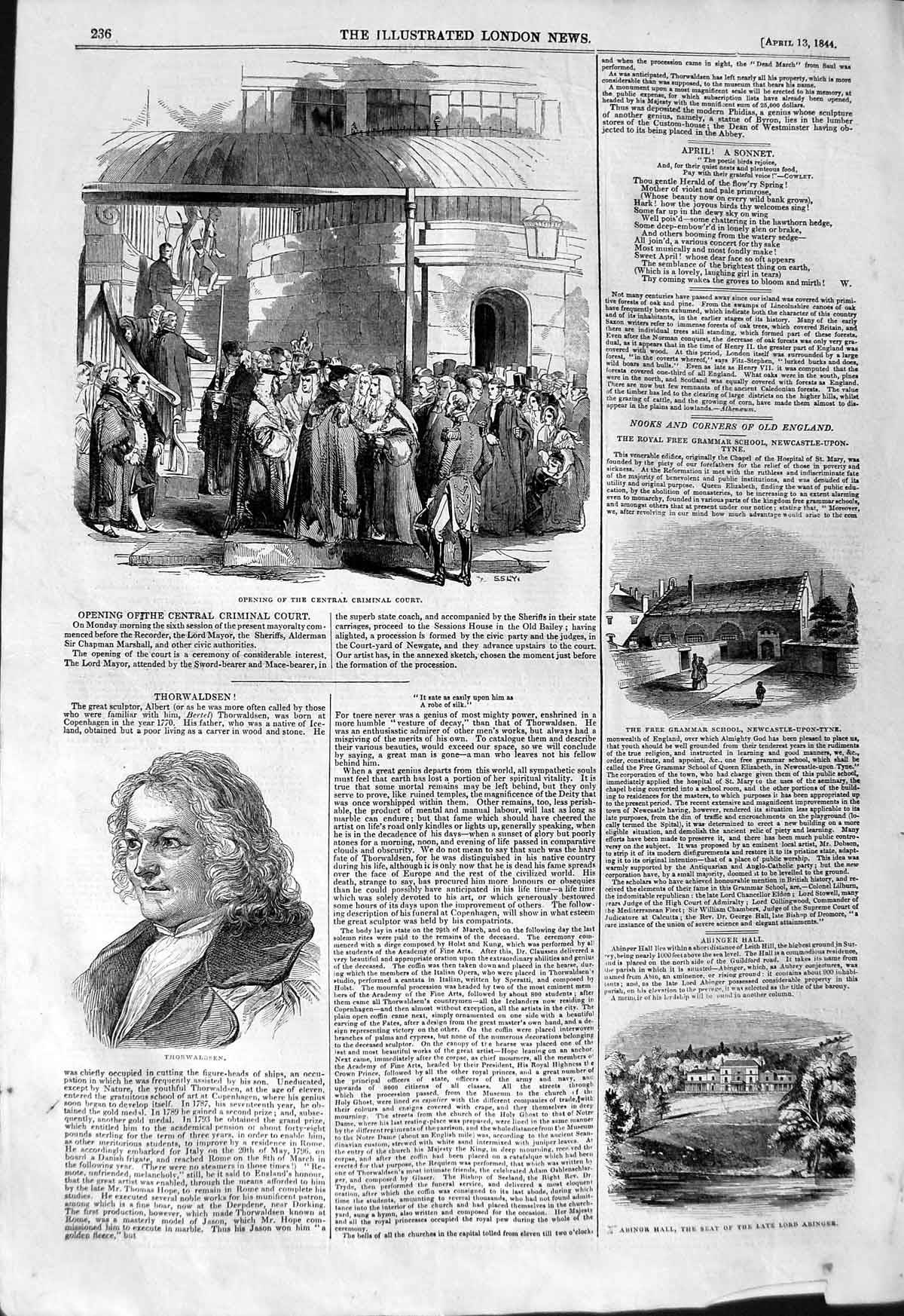 Original Old Antique Print 1844 Central Criminal Court Thorwaldsen Abingr Hall
