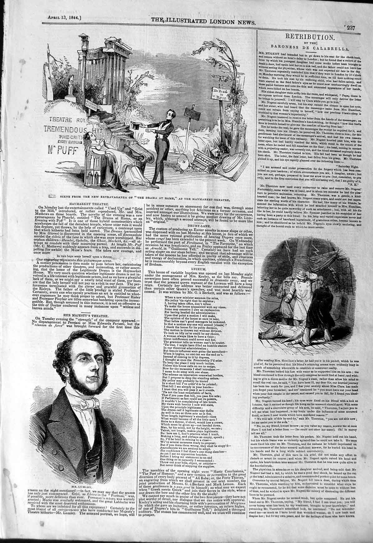 Original Old Antique Print 1844 Lumley Scene Drama At Home Haymarket Theatre