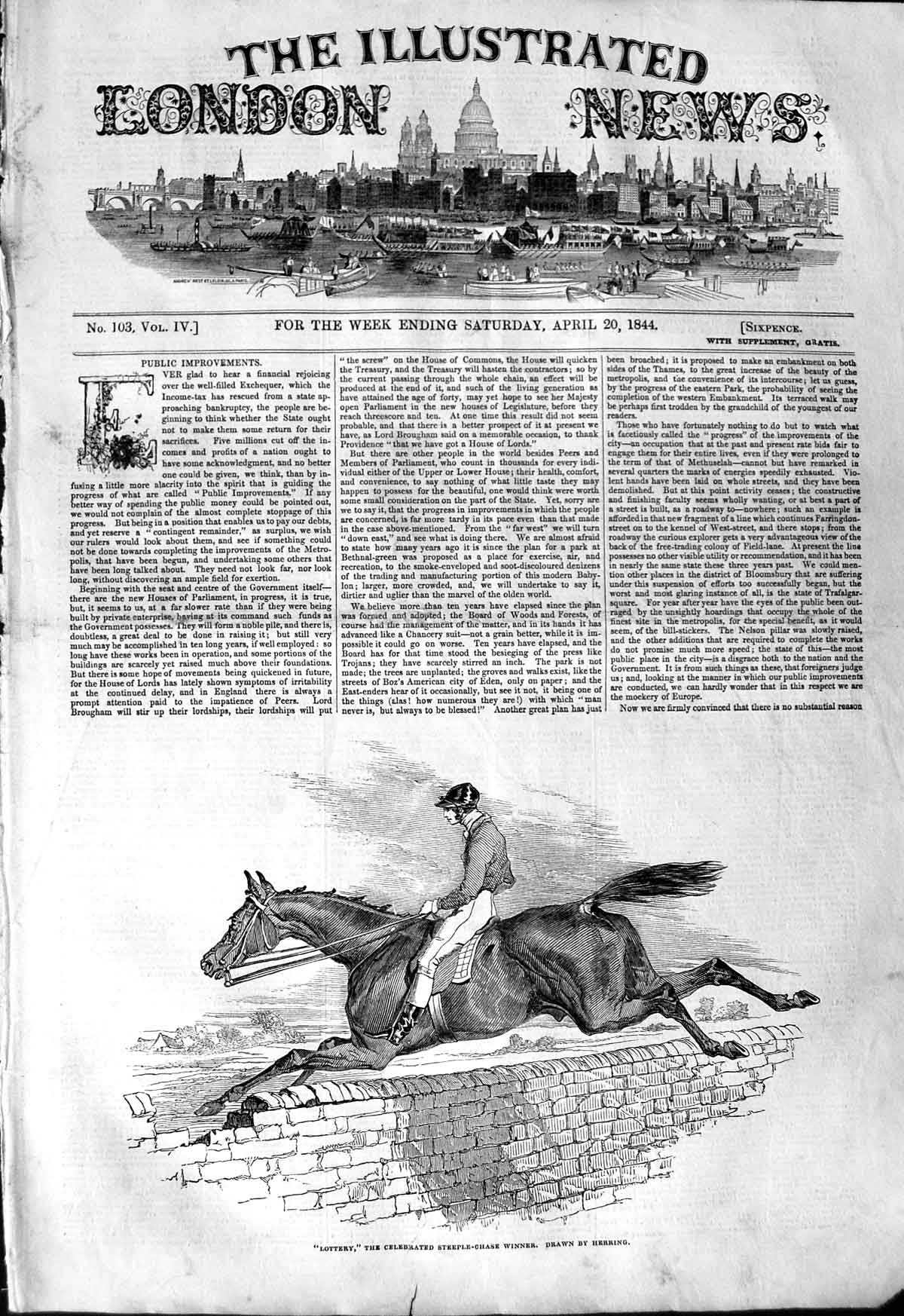 Original Old Antique Print 1844 Lottery Horse Steeple-Chase Winner Sport 19th