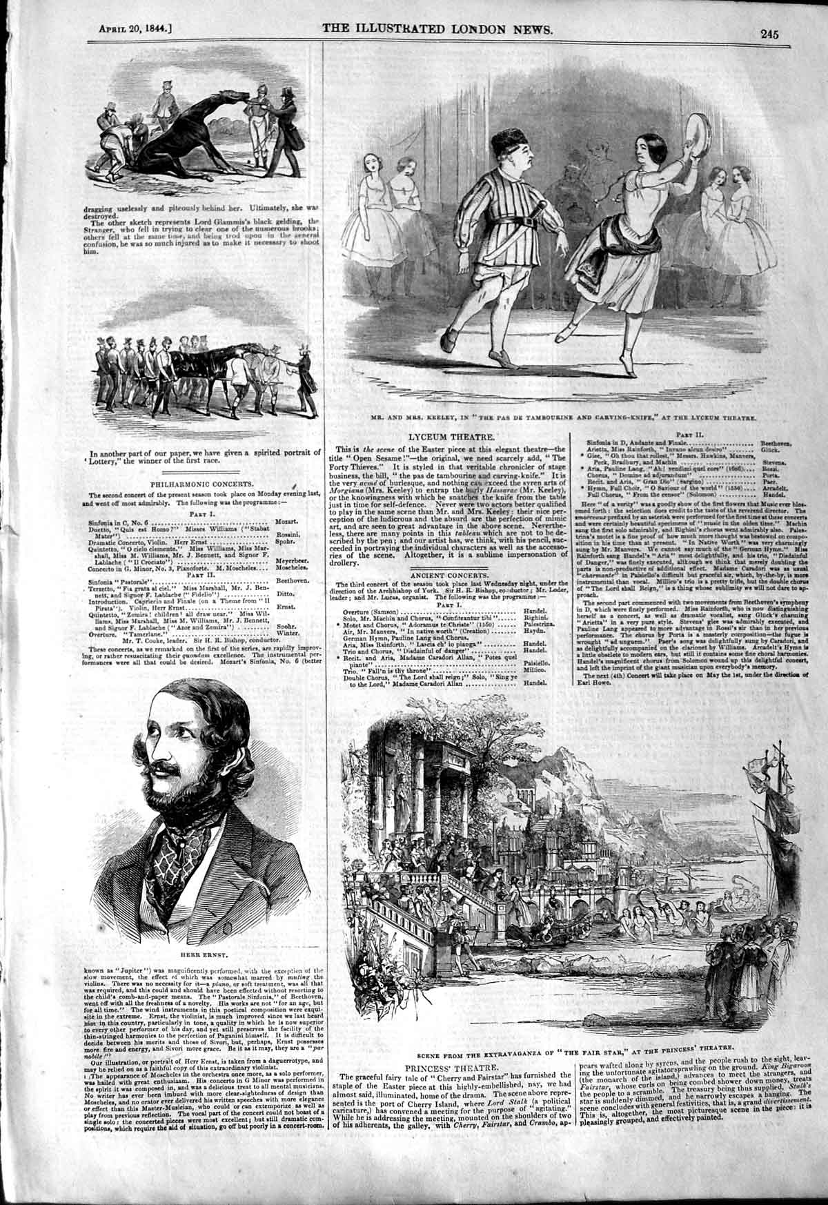 Original Old Antique Print 1844 Keeley Theatre Herr Ernst Fair Star Princess
