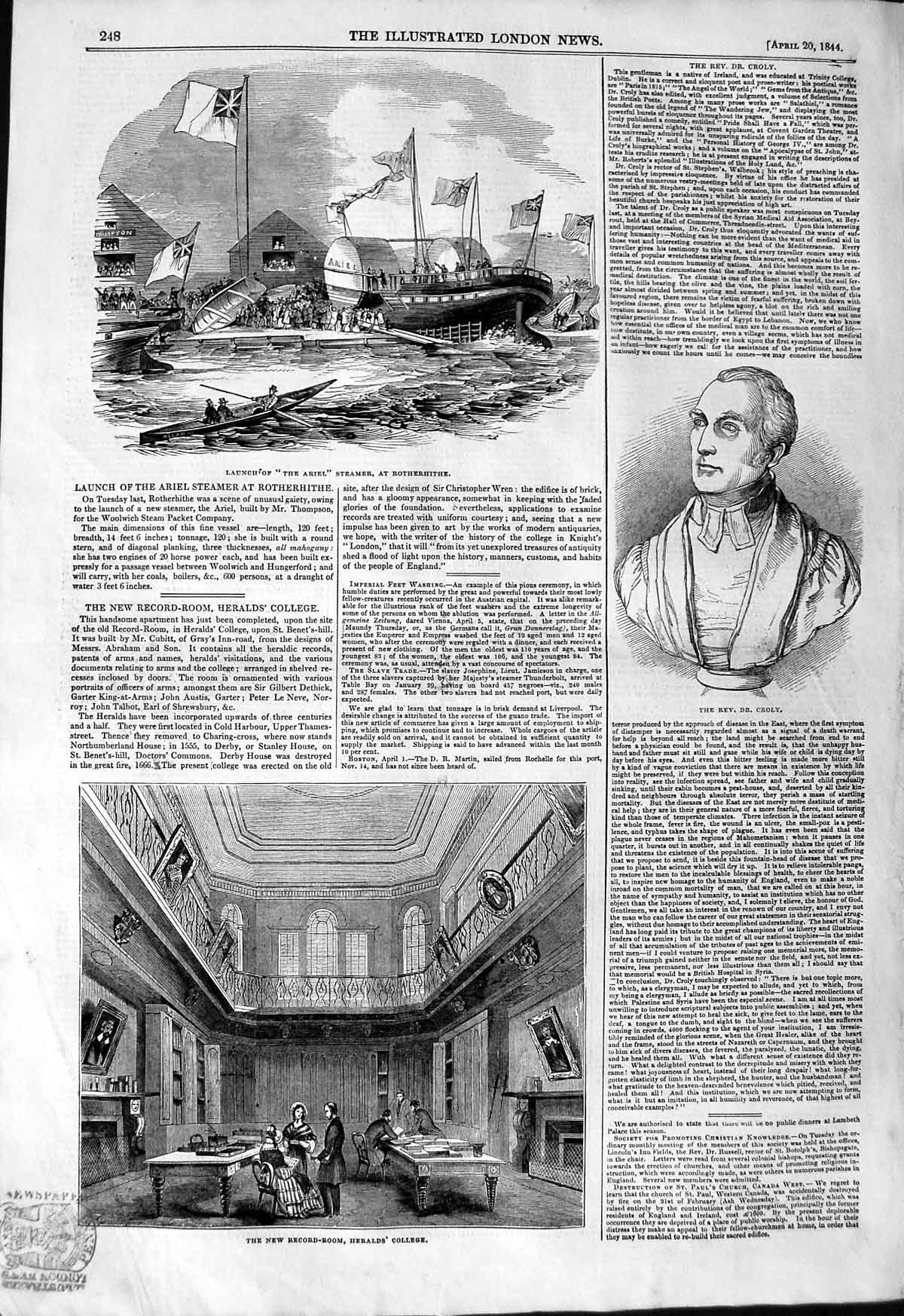 Old Antique Print 1844 Bust Rev. Croly Heralds College Ariel Steamer Ship 19th