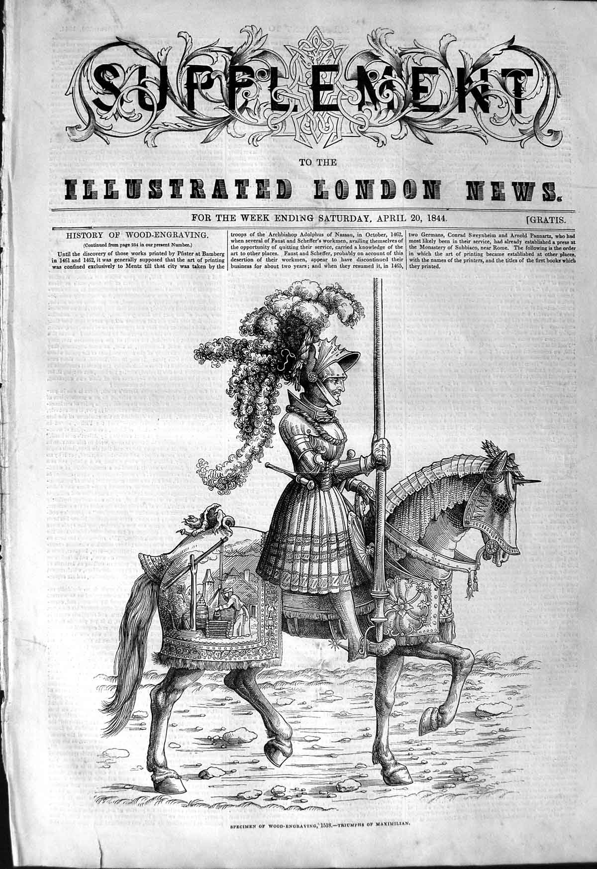 Original Old Antique Print 1844 Wood Engraving Triumphs Maximillian Horse 19th