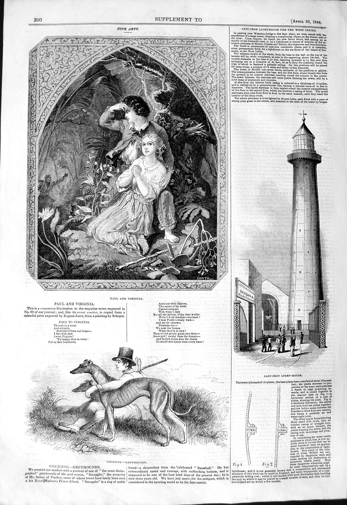 Original Old Antique Print 1844 Paul Virginia Greyhounds Cast-Iron Lig Victorian
