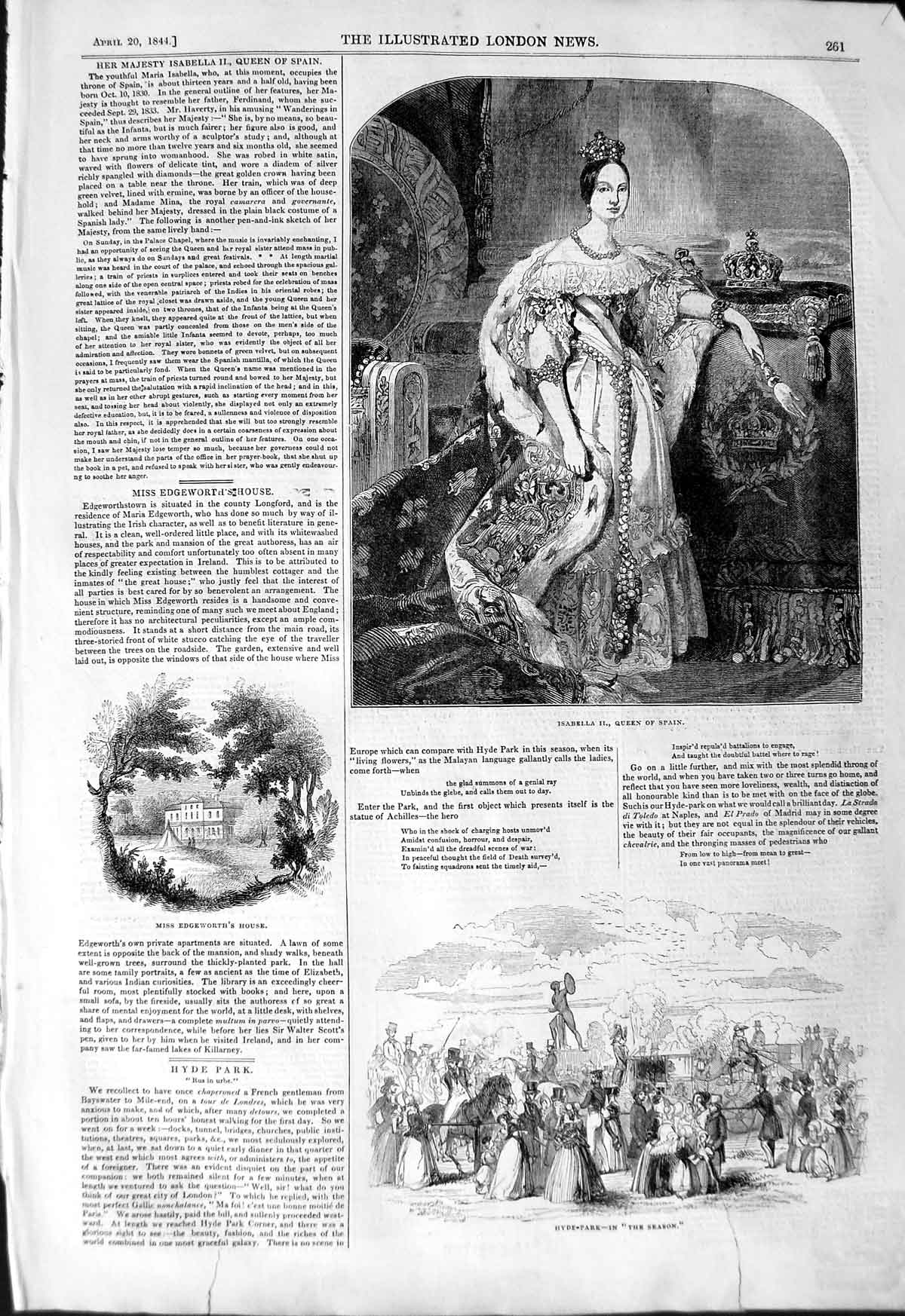 Original Old Antique Print 1844 Queen Spain Isabella Edgeworth House Hyde Park