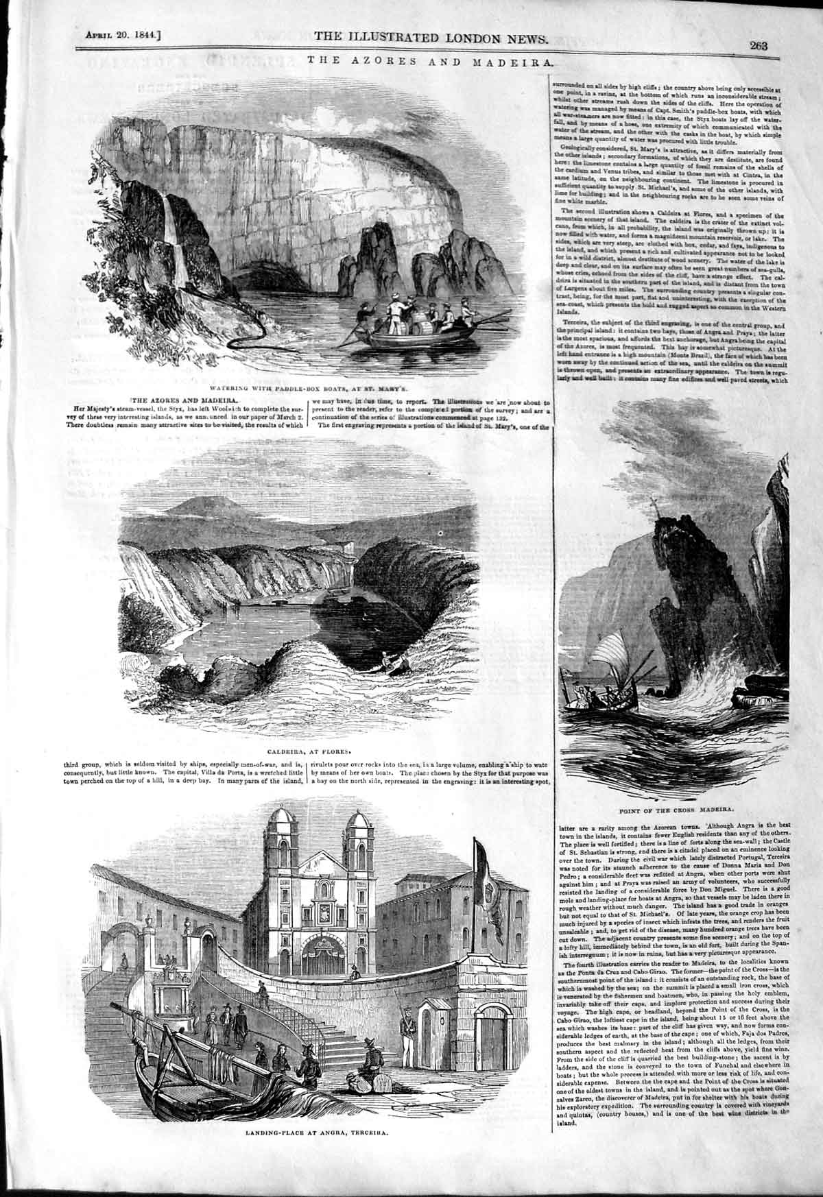 Original Old Antique Print 1844 Azores Madeira Caldeira Flores Angra T Victorian