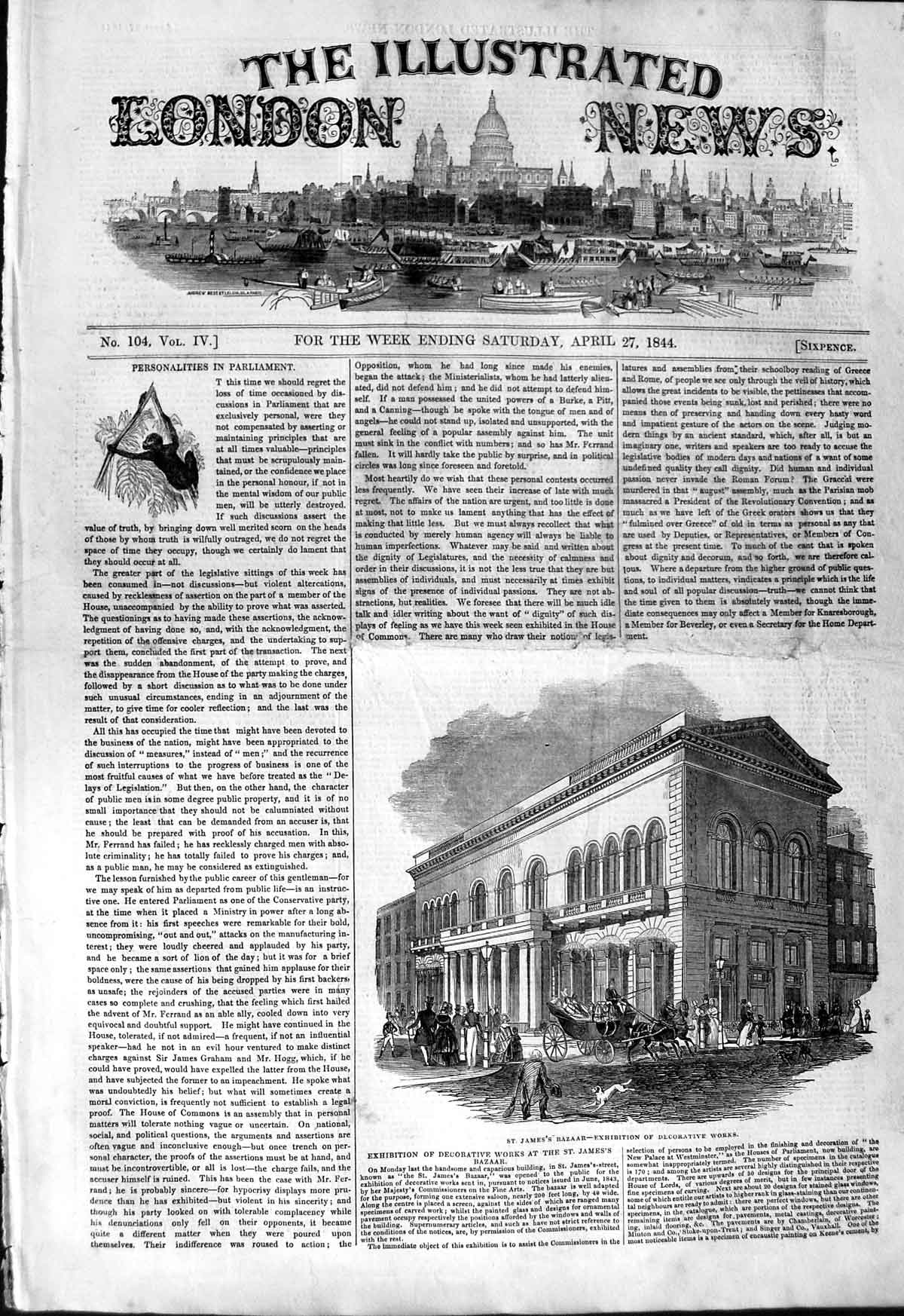 Original Old Antique Print 1844 St. James'S Bazaar Exhibition Decorative Works