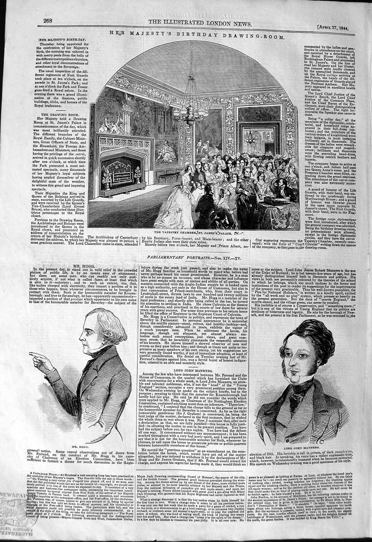 Original Old Antique Print 1844 Tapestry Chamber James Palace Lord Manners Hogg