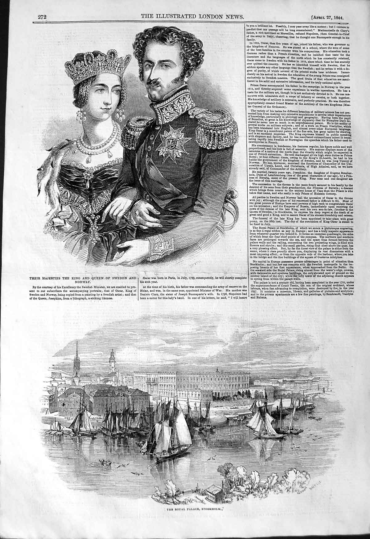 Original Old Antique Print 1844 King Queen Sweden Norway Royal Palace St 19th