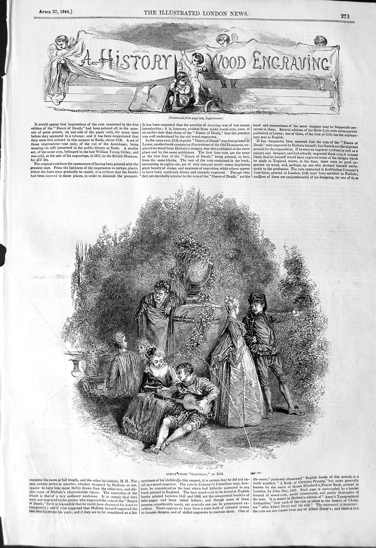 Original Old Antique Print 1844 Scene From Watteau Theatre Music Romance 19th
