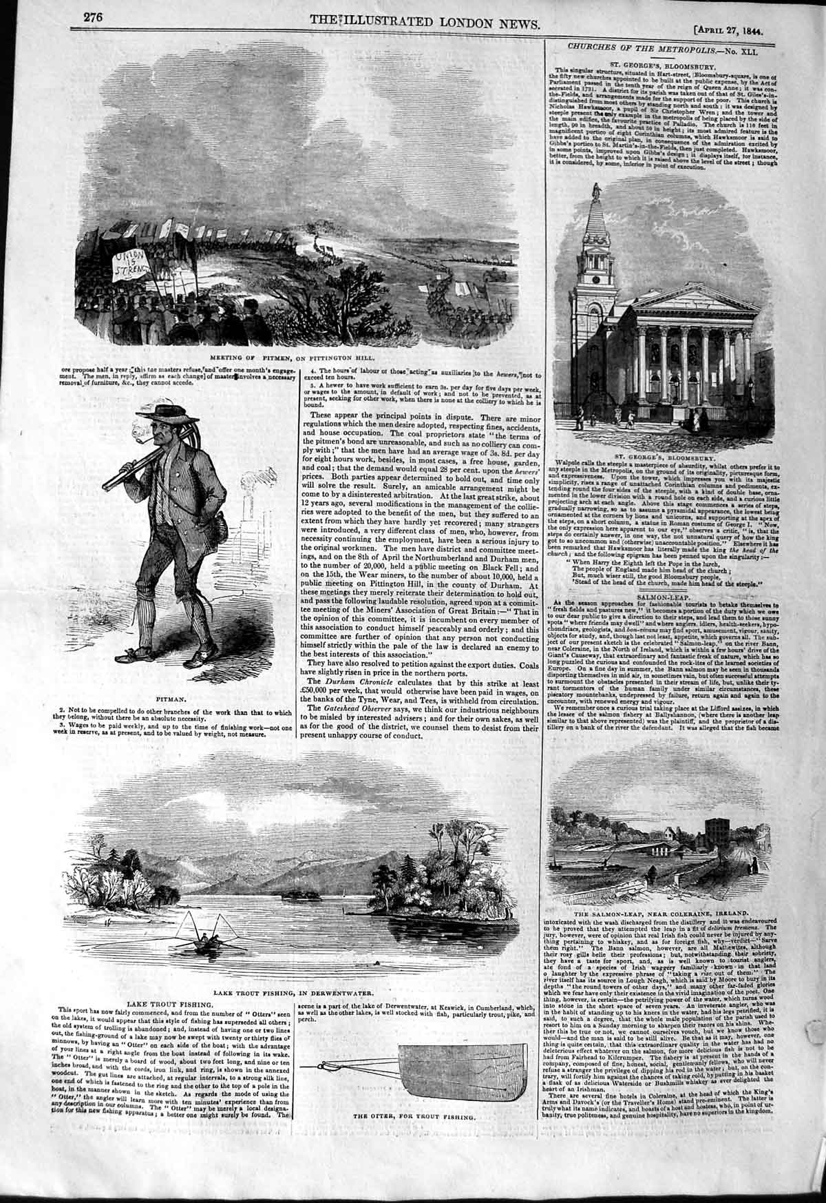 Original Old Antique Print 1844 Pitmen Pittington Trout Fishing Derwentwat 19th