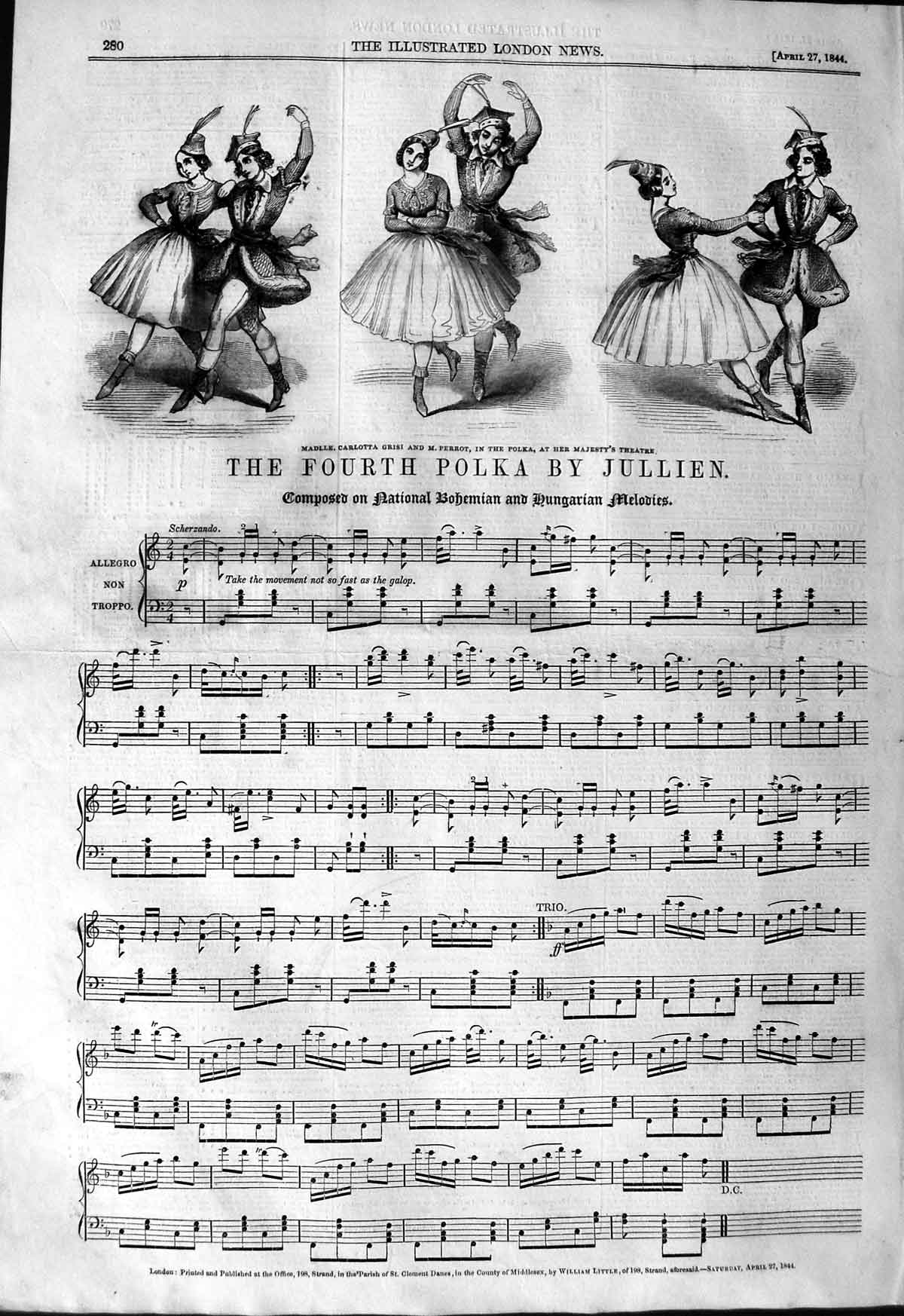 Original Old Antique Print 1844 Sheet Music Fourth Ploka Julien Theatre 19th