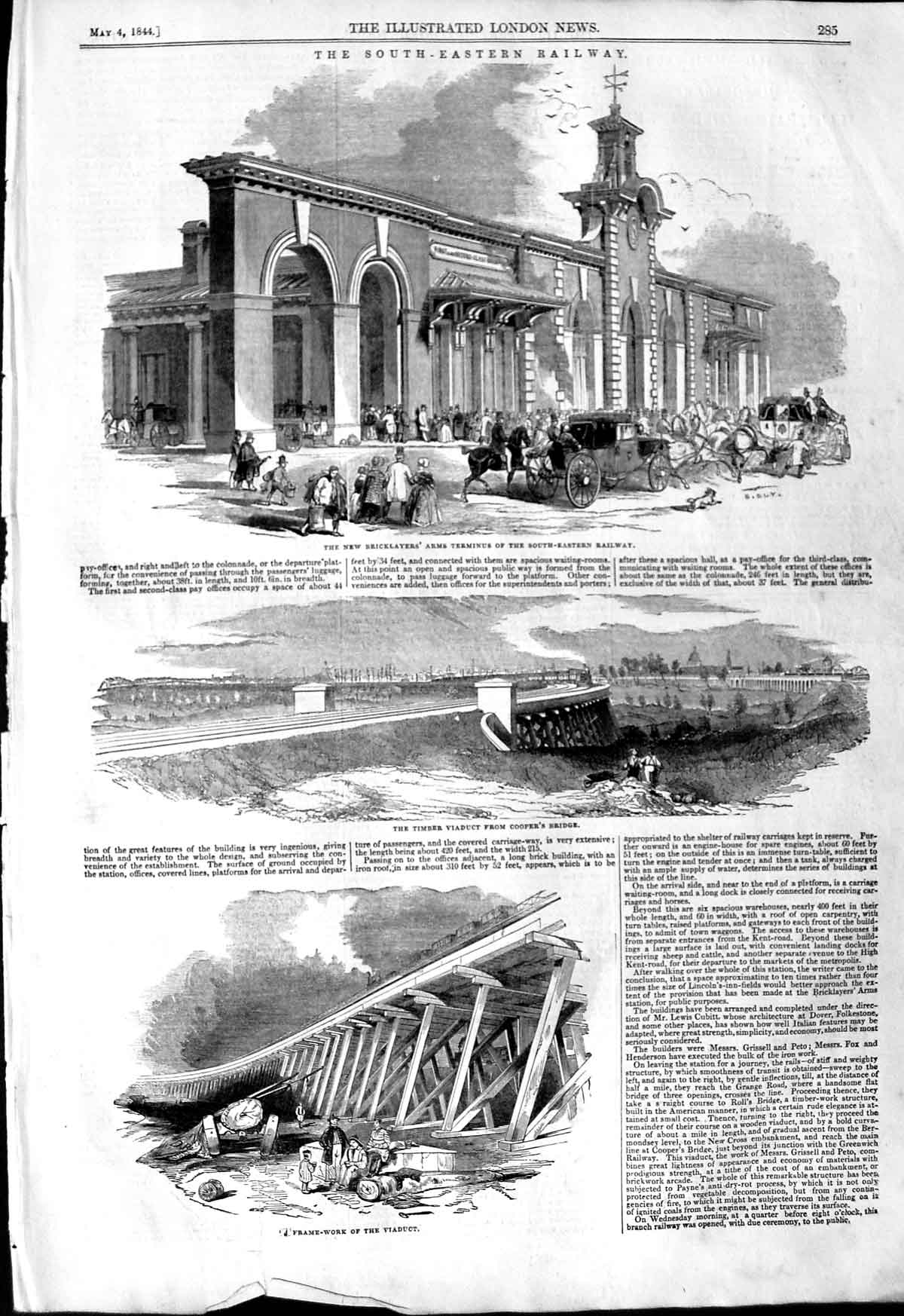 Original Old Antique Print 1844 South-Eastern Railway Viaduct Bricklaye 19th