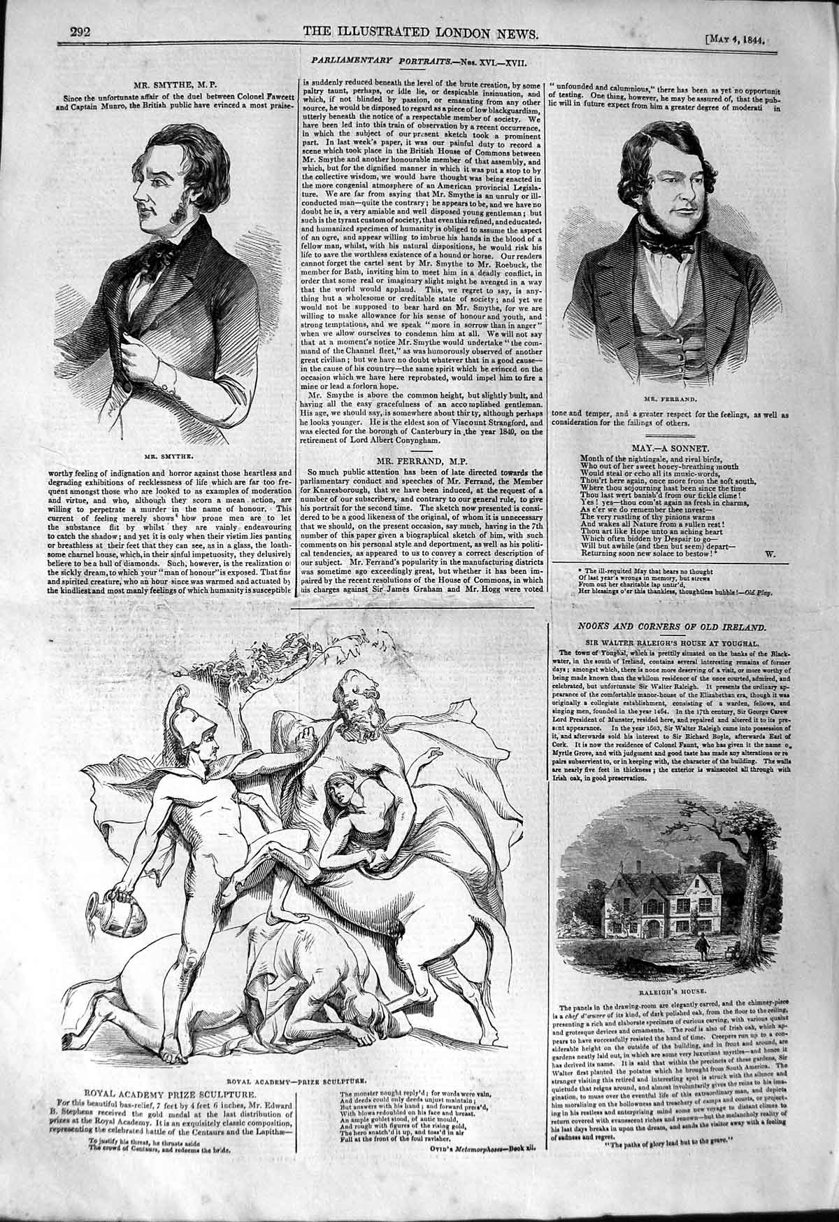 Old Antique Print 1844 Mr Smythe Ferrand Raleigh House Sculpture Academy 19th
