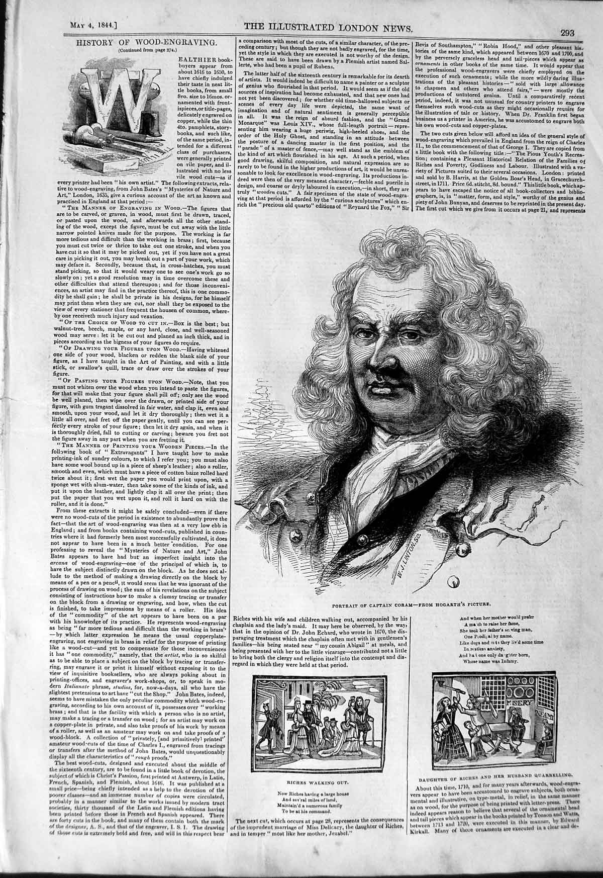 Original Old Antique Print 1844 Portrait Captain Coram From Hogarth'S Picture