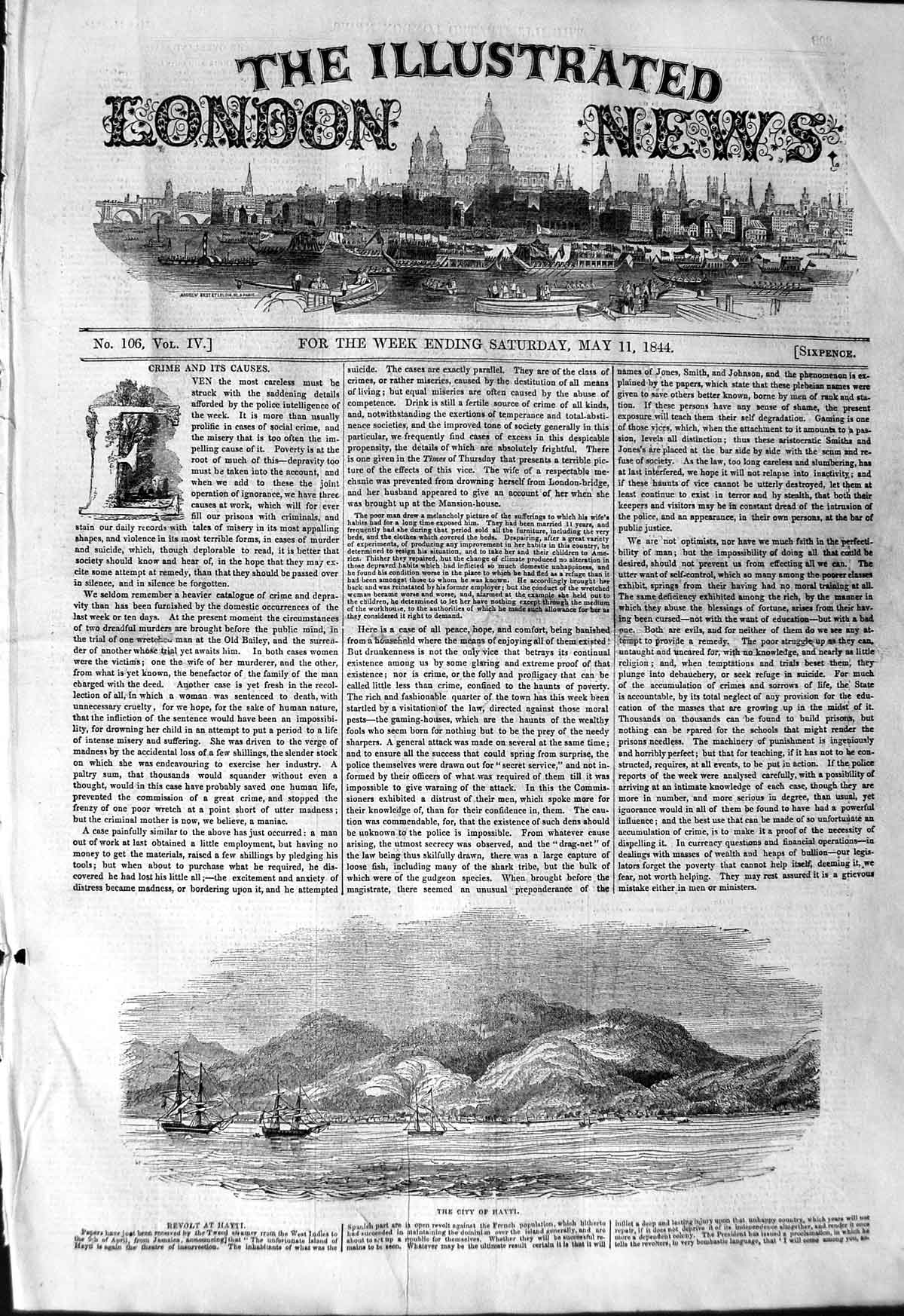 Original Old Antique Print 1844 View City Hayti Mountains Sailing Ships Indies