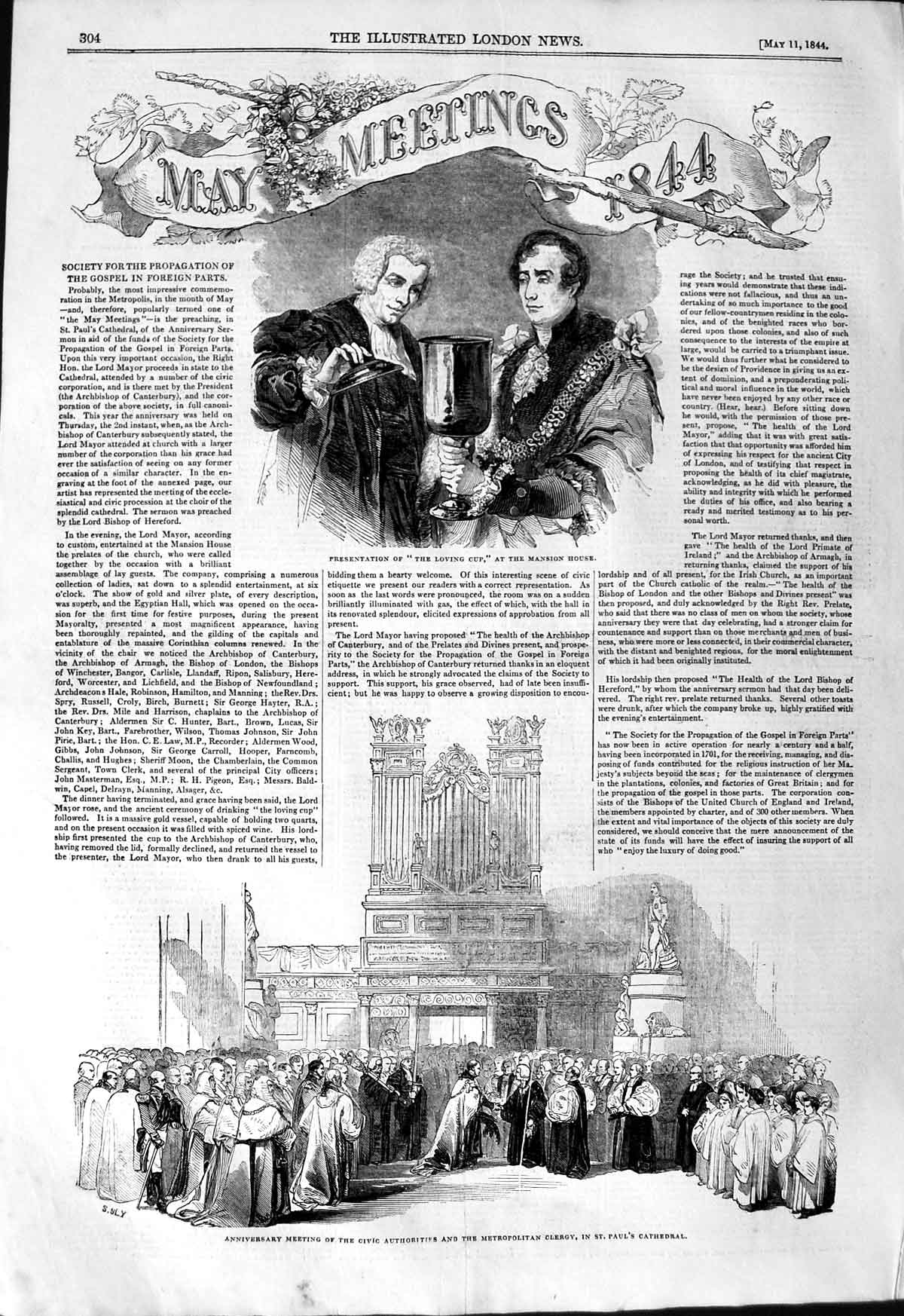 Original Old Antique Print 1844 Loving Cup St. Paul'S Cathedral Clergy Meeting