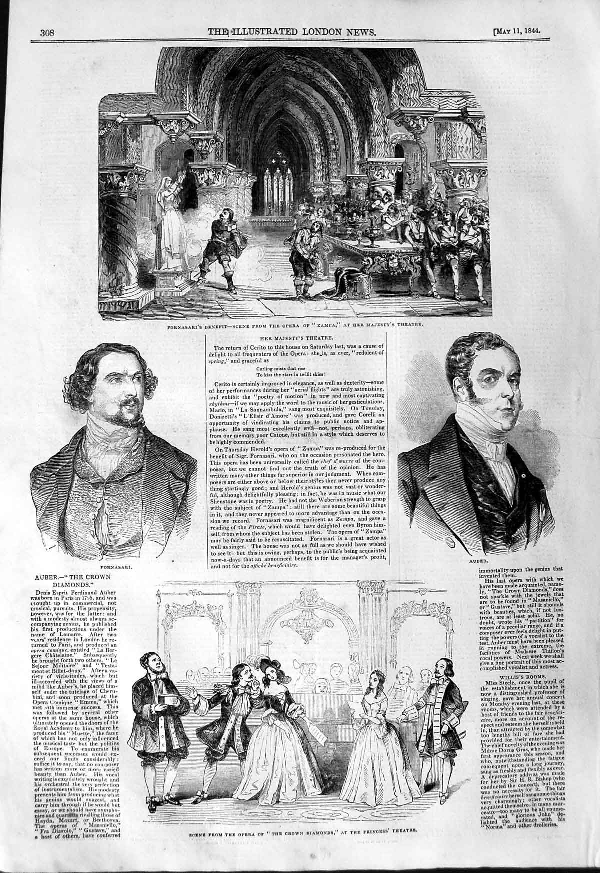 Old Antique Print 1844 Opera Crown Diamonds Theatre Auber Zampa Fornasari 19th