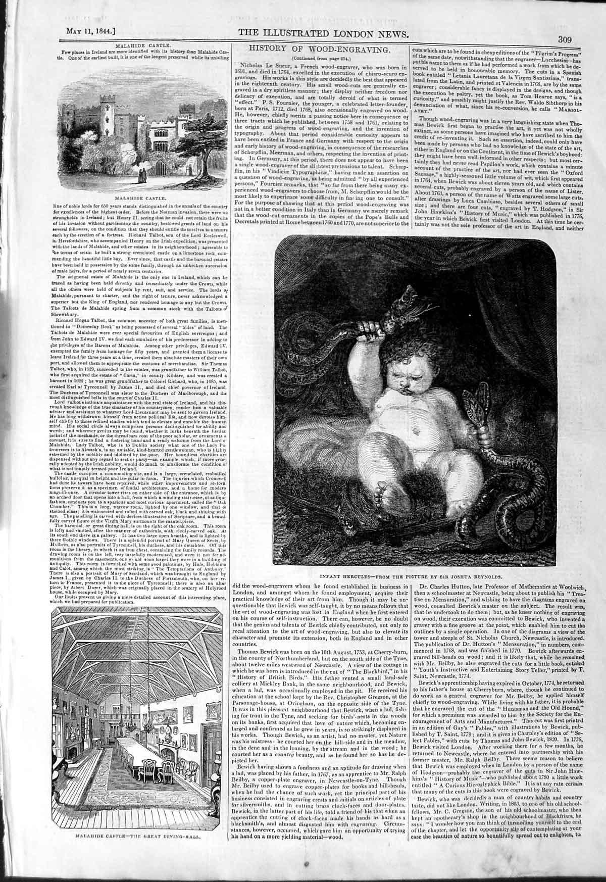 Original Old Antique Print 1844 Baby Hercules Reyns Malahide Castle Dini 19th